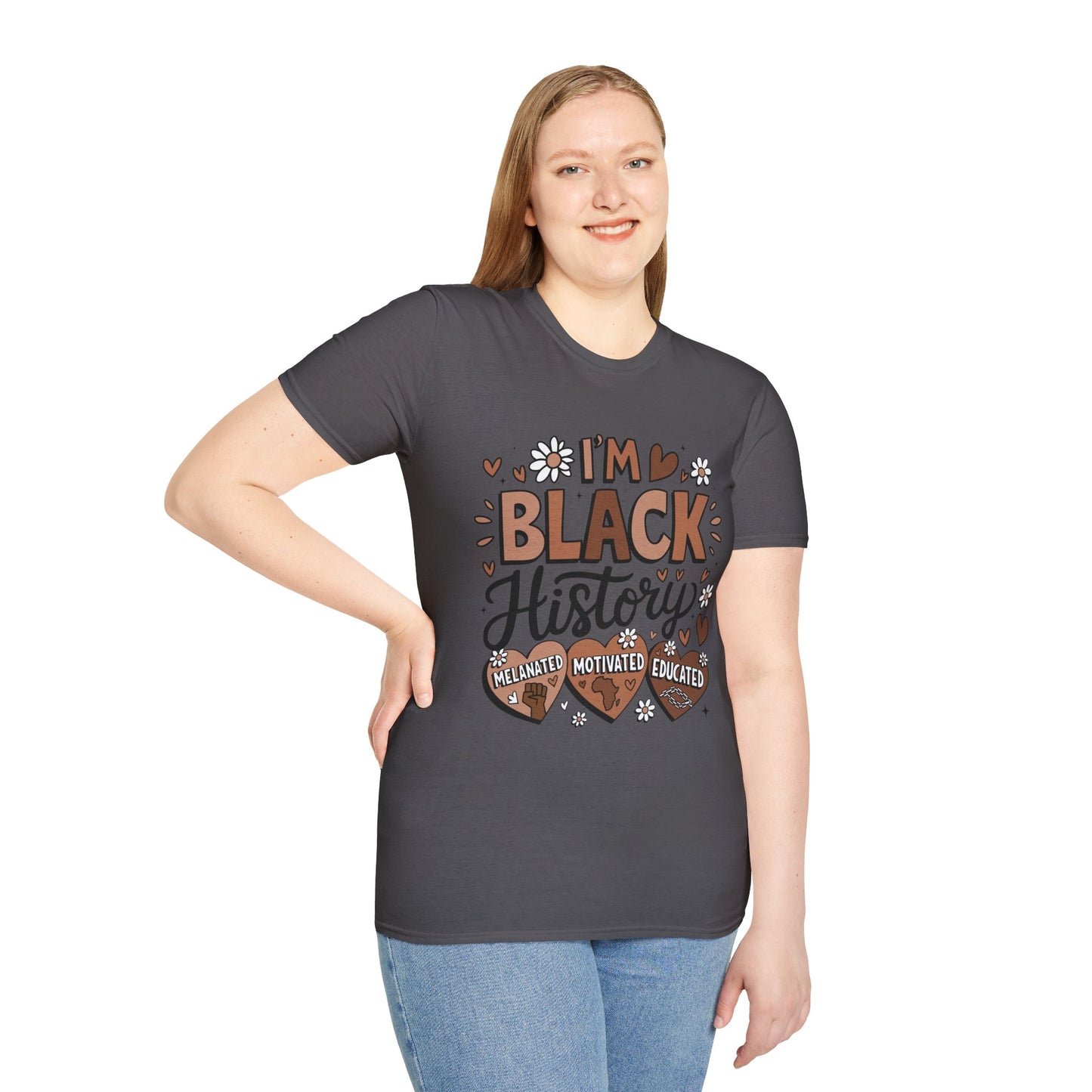 Black History Month Unisex Softstyle T-Shirt - I'm Black History, Melanated, Motivated, Educated