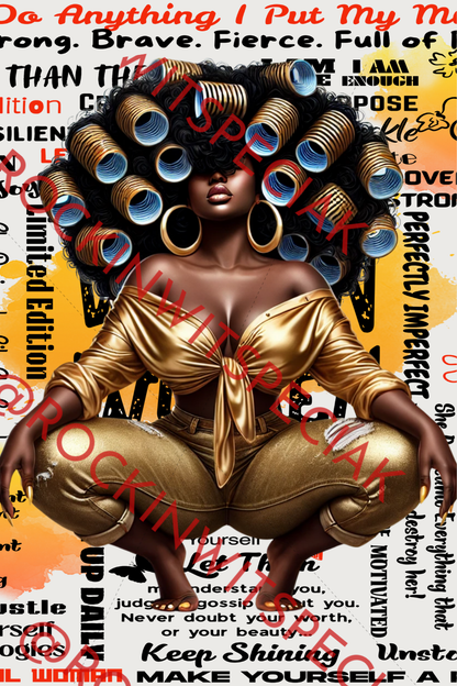 Empowered Woman in Curlers – Character PNGs ONLY | Black Woman Clipart | Crowned in Confidence Digital Art Bundle
