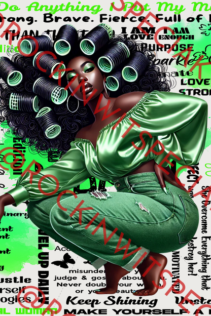 Empowered Woman in Curlers – Character PNGs ONLY | Black Woman Clipart | Crowned in Confidence Digital Art Bundle