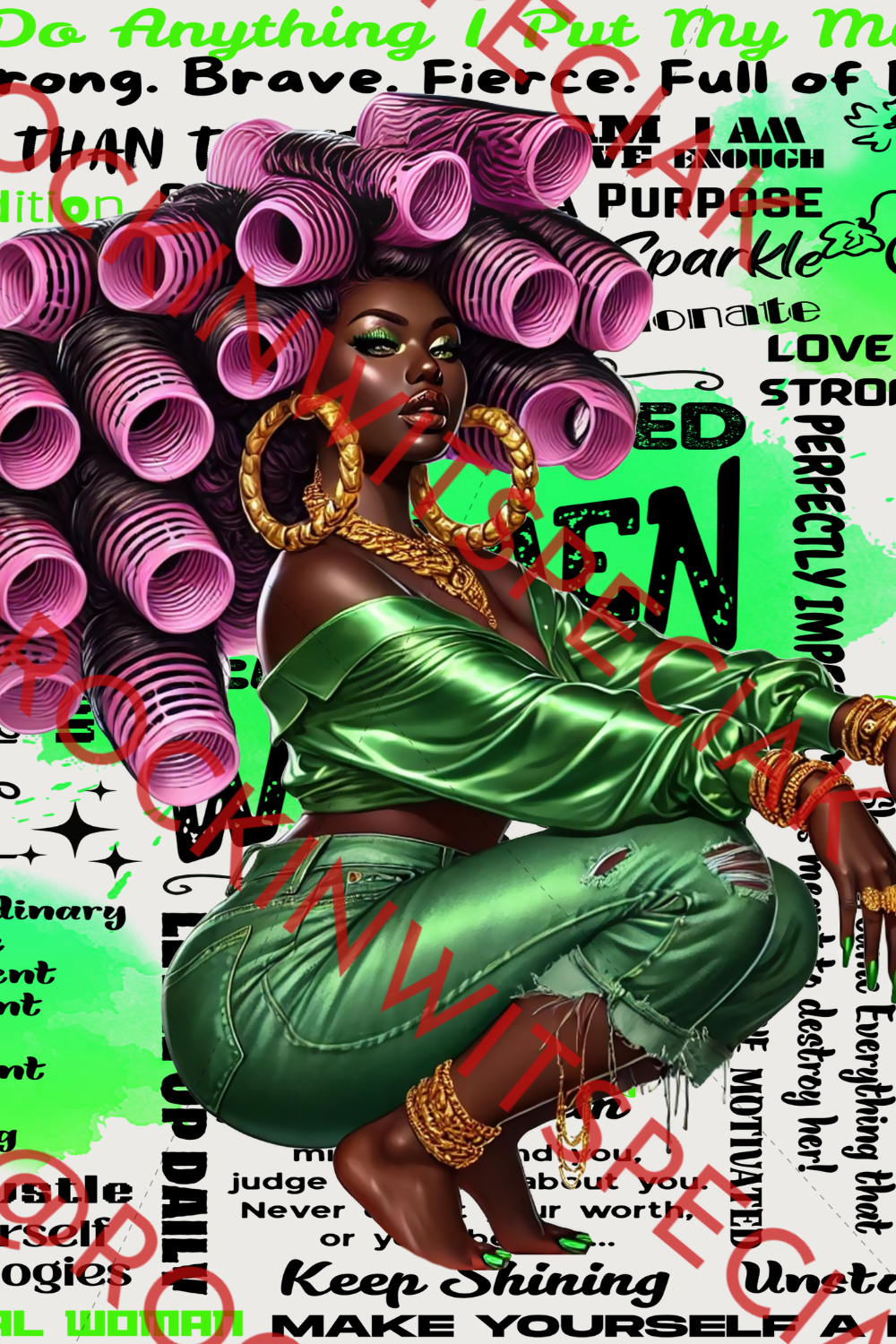 Empowered Woman in Curlers – Character PNGs ONLY | Black Woman Clipart | Crowned in Confidence Digital Art Bundle