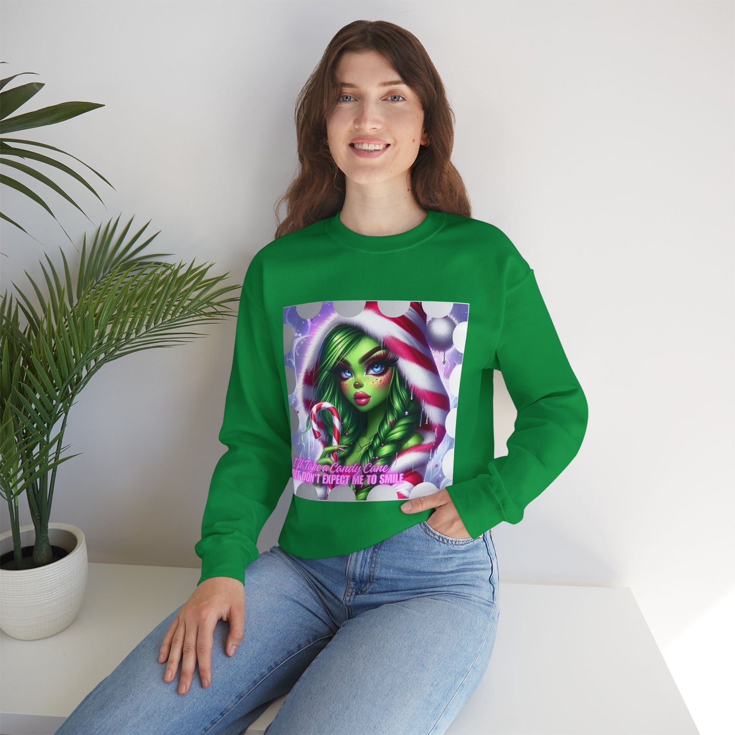 Crewneck Sweatshirt - Diva Grinch with Candy Cane